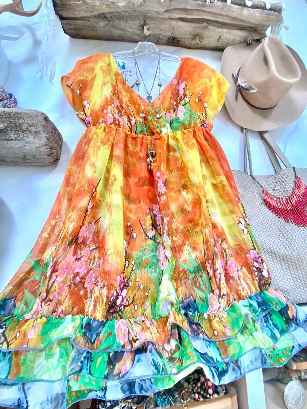 SILK Cherry blossoms watercolour boho dress w vacay martini cocktail party vibe